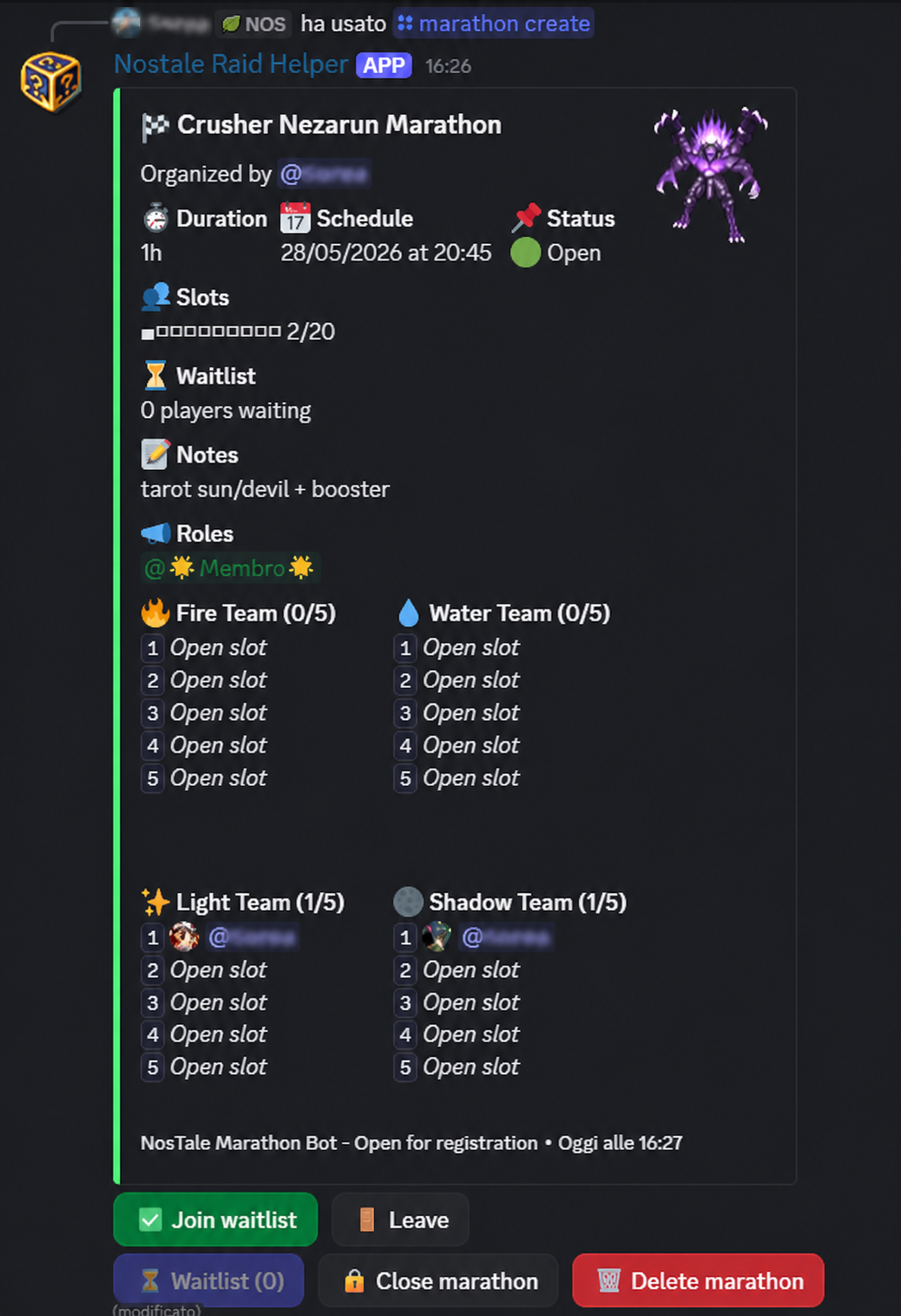 Blurred Discord preview of a NosTale raid marathon created by the bot